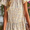 Beige Floral Frilled Collar Ruffled Short Sleeve Blouse