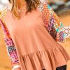 Orange Boho Paisley Mix Print Raglan Sleeve Ruffled Blouse