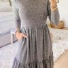 Gray Pinstriped Textured Ruffled A-line Midi Dress