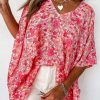 Pink Boho Floral V Neck Kimono Style Blouse