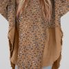 Brown Printed Raw Edge Leopard Patchwork Oversized Blouse