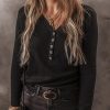 Casual Solid Knit Top: Black Long Sleeve With Button Details