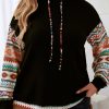 Black Aztec Patchwork Sleeve Waffle Drawstring Plus Hoodie