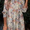 Purple Printed Boho Floral Frilled Neck Shirred Bracelet Sleeve Dress