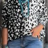 Black Plus Size Contrast Leopard Half Sleeve Blouse