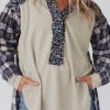 Navy Blue Mixed Print Half Buttons Plus Size Pullover Top