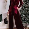 Luxurious Red Velvet Pocketed Jumpsuit For Daily And Night Out