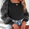 Black Plus Size Daisy Embroidered Puff Sleeve Ribbed Knit Top