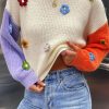 Multicolour Flower Applique Colorblock Drop Shoulder Sweater