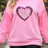 Pink Plus Size Valentine Beaded Heart Sequin Sleeve Sweatshirt