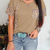 Khaki Leopard Patchwork Drawstring Hooded T Shirt