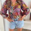 Pink Floral Print Bracelet Sleeve Notch V Neck Blouse