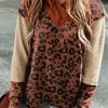 Brown Textured Knit Patchwork Leopard Hoodie