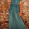 Blackish Green Solid Color V Neck Wrap Pleated Short Sleeve Maxi Dress