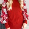 Fiery Red Contrast Mixed Animal Print Lantern Sleeve Patchwork Top