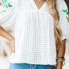 White Floral Embroidered Puff Sleeve Notched Neck Blouse