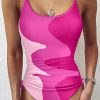 Rose Printed Color Block Drawstring Sides One Piece Swimsuit