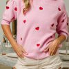 Casual Pink Knit Sweater: Half Sleeve And Heart Pattern Design