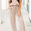 Parchment Exposed Seam Ribbed Tee And Pants Two-piece Outfit