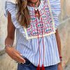 Sky Blue Stripe Geo Pattern Embroidered Tassel Flutter Blouse