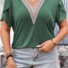 Blackish Green Plus Size Embroidery V Neck Draped Sleeve Blouse