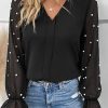 Loose Fit Black Blouse With Pearl Mesh Flounce Sleeves - Versatile And Elegant