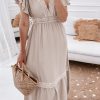 Oatmeal Lace V Neck Ruffled Sleeve Empire Waist Dress