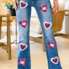 Sky Blue Sequin Heart Shape Patched Distressed Flare Jeans