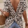 Khaki Leopard Batwing Sleeve Twist Cutout Back T-Shirt