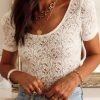 White Lace Short Sleeve Scalloped Trim Open Back Bodysuit