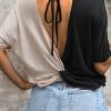 Black Plunging Twist Back Color Block Short Sleeve Top