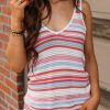 White Stripe Pointelle Knit V Neck Tank Top