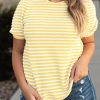 Yellow Stripe Short Puff Sleeve Plus Size Jumper