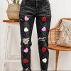 Black Chenille Heart Patched Ripped Vintage Washed Jeans