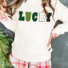 White LUCKY Chenille Embroidered Cable Knit Pullover Sweatshirt