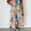 Khaki Mix Striped Wide Straps Smocked Tiered Maxi Dress