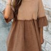 Khaki Waffle Crinkle Patchwork Frilled Flare Dress