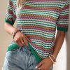 Dark Green Striped Pattern Contrast Trim Pointelle Knit T Shirt