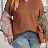 Gold Flame Plus Size Colorblock Exposed Seam Quarter Zip Sweatshirt