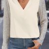 White Sequined Sleeves Patchwork V Neck Blouse