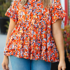 Orange Floral Printed Ruffle Sleeve Curvy Babydoll Blouse