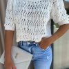 White Hollow-out Textured Half Sleeve Sweater