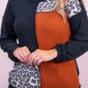 Black Orange Colorblock Leopard Patchwork Waffle Knit Plus Size Top