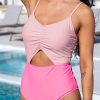 Pink Color Block Cut Out Knotted Backless One Piece Swimsuit