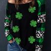 Green Sequin Clover Patch Graphic Plaid&Leopard Sleeve Top