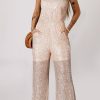 Gold Sequined V Neck Sleeveless High Waist Jumpsuit