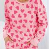 Pink Valentine Heart Shape Print Long Sleeve Top Shorts Lounge Set