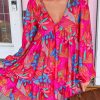 Rose Floral Print V Neck Bubble Sleeve Ruffled Mini Dress