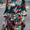 Green Abstract Print Frilled Neck Gigot Sleeve Dress With Waist Tie