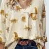 Apricot Printed Leopard Print Tab Sleeve Loose Fit V Neck Blouse